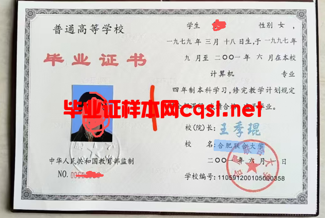2001年合肥联合大学毕业证书样本模板