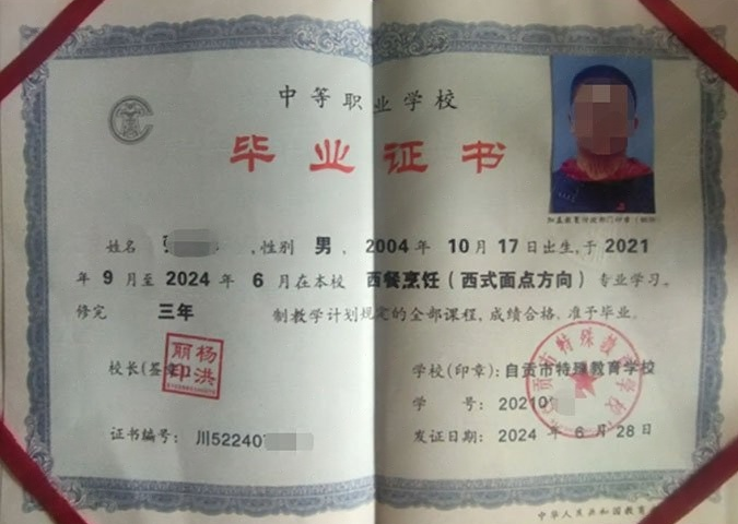 自贡市特殊教育学校中专毕业证样本图片