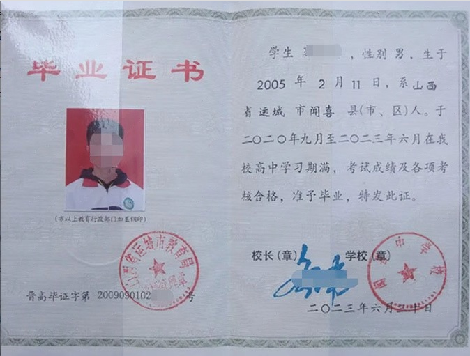 闻喜中学校高中毕业证样本图片