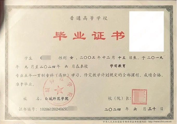 白城师范学院毕业证样本图片