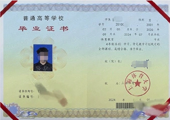 上海体育大学毕业证样本图片