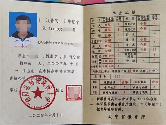 朝阳县柳城高级中学高中毕业证样本图片