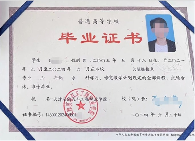 天津滨海汽车工程职业学院毕业证样本图片