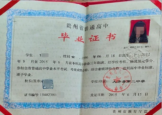 大方县第二中学高中毕业证样本图片