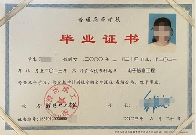 潍坊理工学院2023年普通全日制本科毕业证书样本图片（电子信息工程）