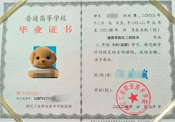 浙江工业职业技术学院毕业证样本图片