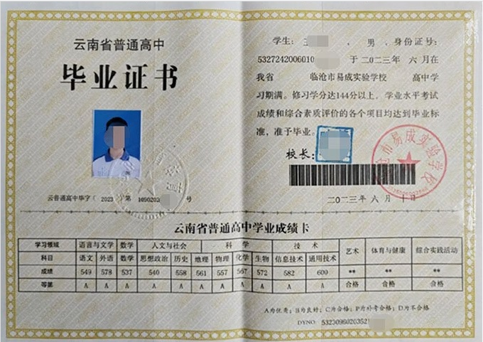 临沧市易成实验学校高中毕业证样本