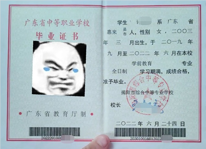 揭阳市综合中等专业学校中专毕业证样本