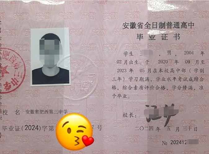 安徽省肥西第三中学高中毕业证样本