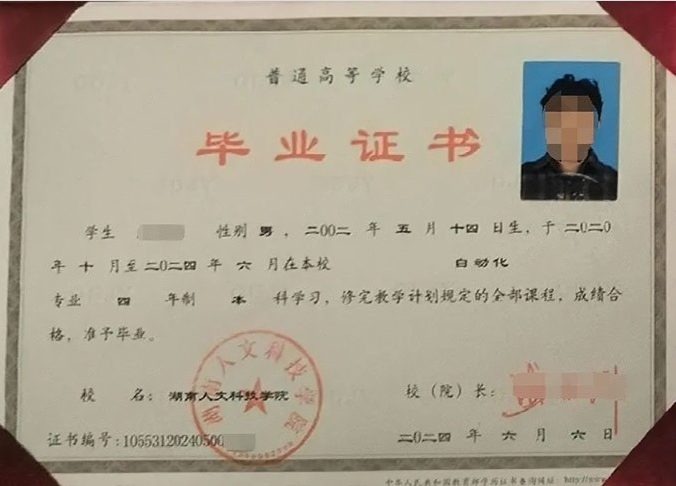 湖南人文科技学院毕业证样本图片