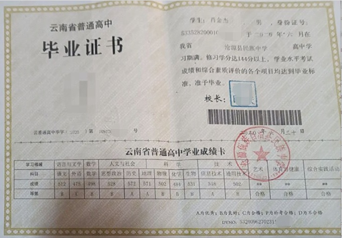 沧源佤族自治县民族中学高中毕业证样本