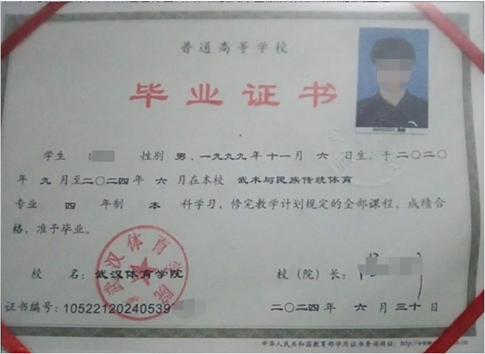 武汉体育学院毕业证样本图片