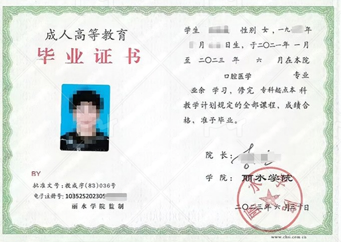 丽水学院2023年业余专科起点本科毕业证书样本图片(口腔医学) 丽水学院2023年业余专科起点本科毕业证书样本图片(口腔医学)