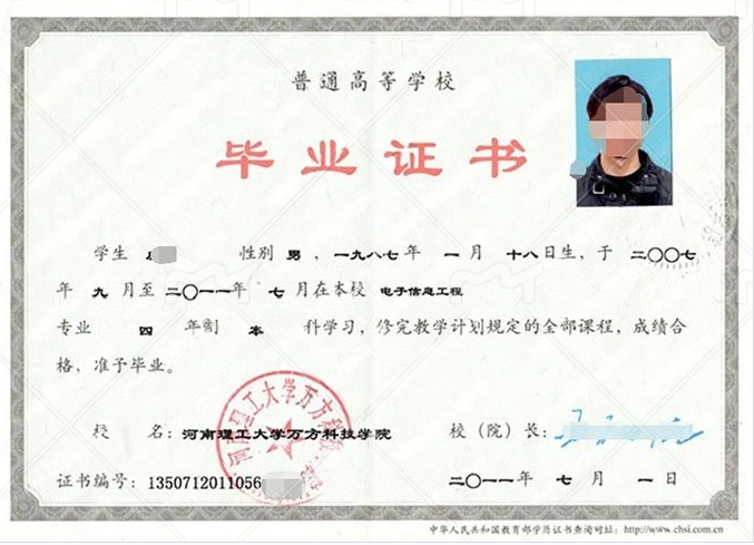 河南理工大学万方科技学院毕业证样本图片