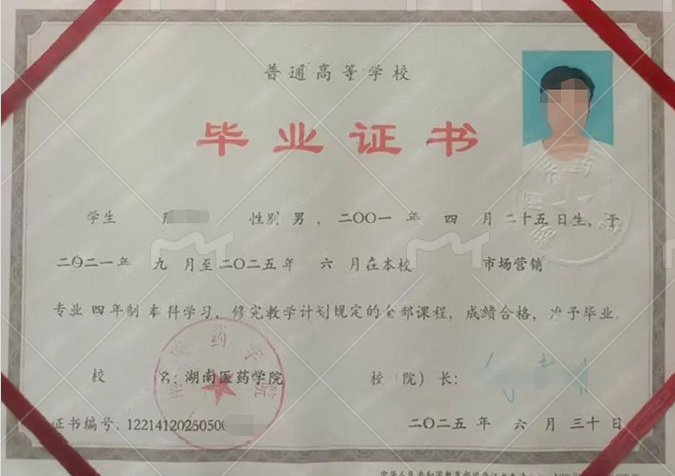 湖南医药学院毕业证样本图片